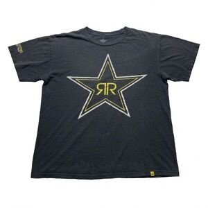 Vintage Y2K Rockstar Energy Drink T-Shirt L Faded Black Big Star RR Logo Grunge